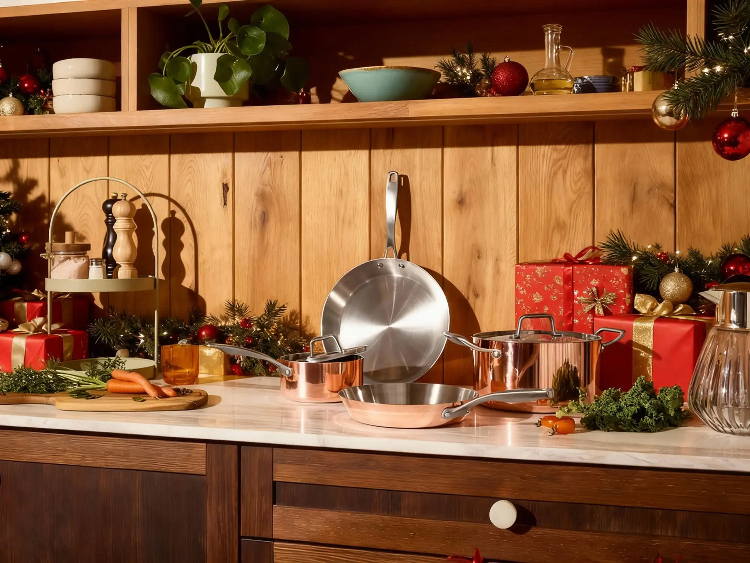 Sada měděného kuchyňského nádobí s nerezovými úchytkami a víky, s klasickým designem.